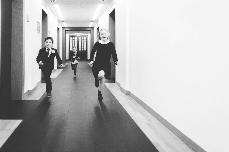 children running in a corridor