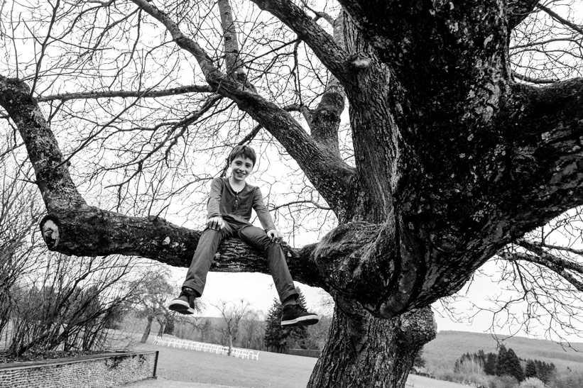 enfant sur une branche d'arbre
